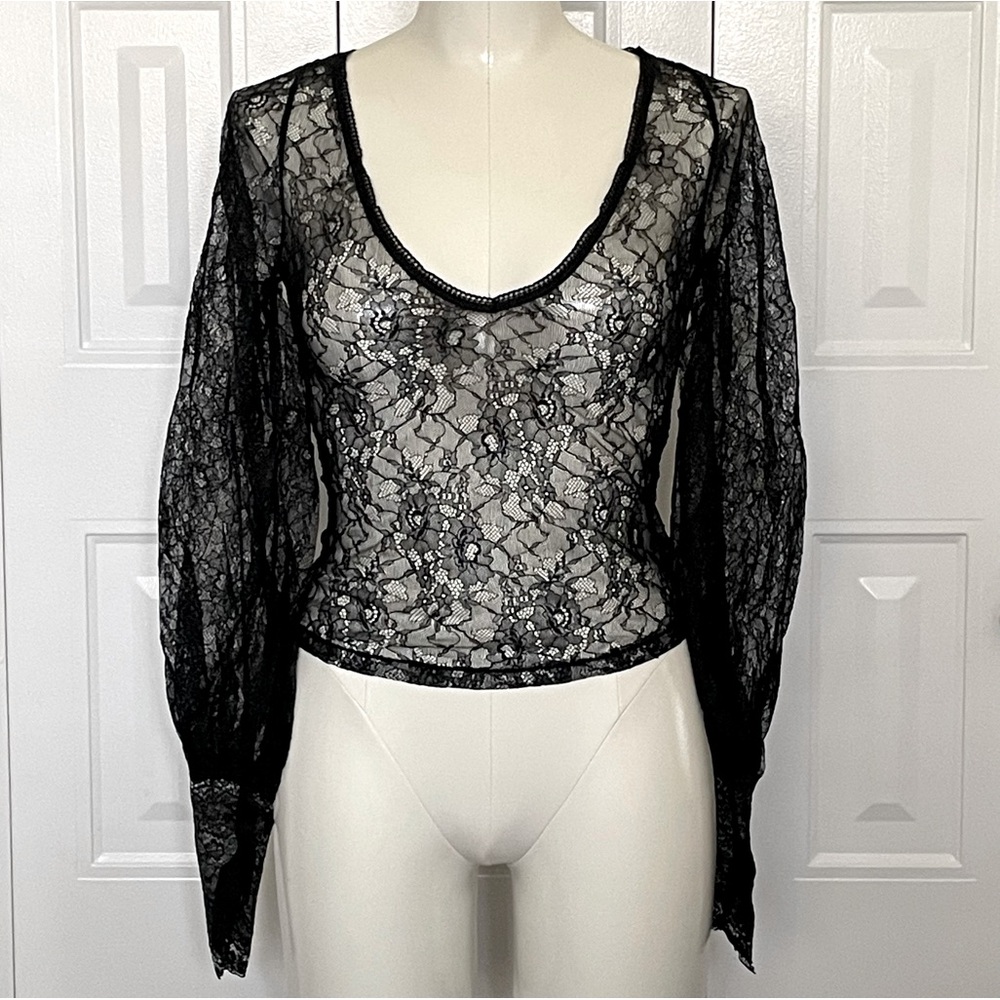 WIDOW sheer black lace long lantern sleeve Midnight Hour Victorian blouse NWT